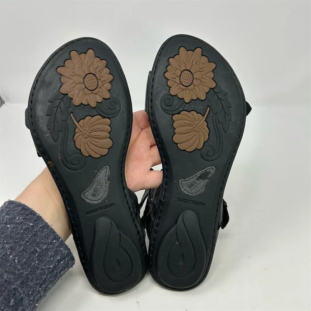 Born Yuki Women's Strappy Sandals Black Slingback Floral Accent Flat Size 8